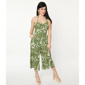 NWT Unique Vintage Green Tropical Print Halter Jumpsuit 4